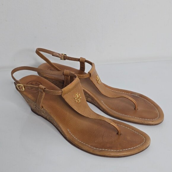 Tory Burch Britton Logo Cork Wedge Thong Sandals Size 10.5 Tan Leather 2" Heel - Picture 2 of 10